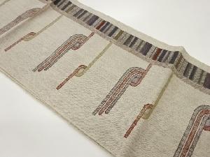 手織り紬縞に抽象横線模様織出し名古屋帯